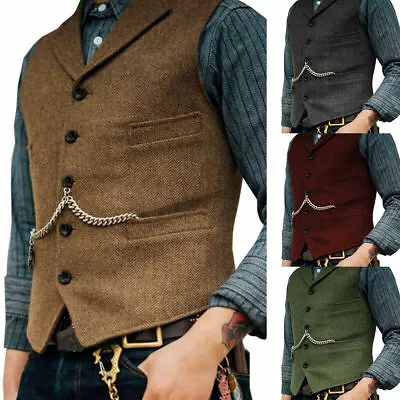 Mens Tweed Lapel Vest Jacket Herringbone Waistcoat Casual Formal Sleeveless Tops • $18.99