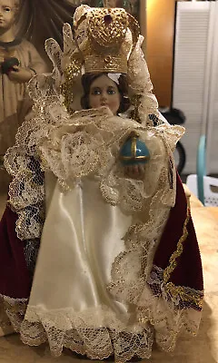 Vintage 1950 Era Infant Of Prague Statue With Jeweled Gold Metal Crown Italy • $49.79