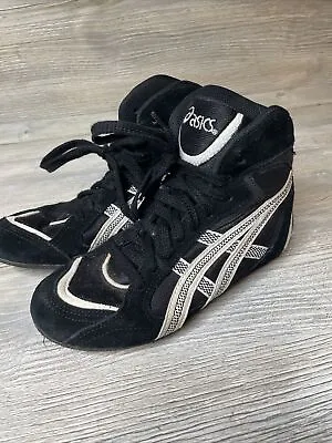 ASICS Size 3 Wrestling Shoes Black White CL010 Suede Mesh Sneakers • $25.19