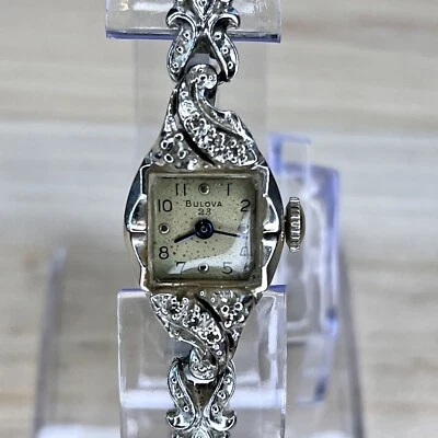 $500 • Buy Vtg 14k White Gold Bulova Ladies Art Deco Diamond Bracelet Watch 23 Jewels- Runs