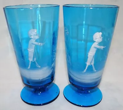 Vtg MARY GREGORY Teal Blue Glass Enameled Optic Rib Set 2 Water Goblets Tumblers • $49.99