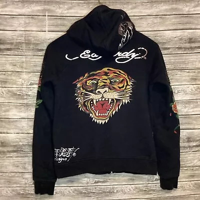 Ed Hardy Designs Hoodie Sweatshirt Mens Large Black Full Zip Tiger Print Y2K • $70