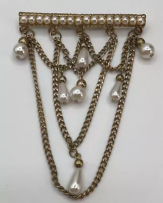 Vintage Estate Find Gold Tone Faux Pearl Bar Brooch With Faux Pearl Dangles • $20.23