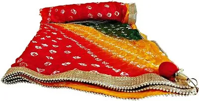 Women Silk Bandhej Multi Colored Heavy Dupatta Chunni With Geecha Border Stole  • $16.27