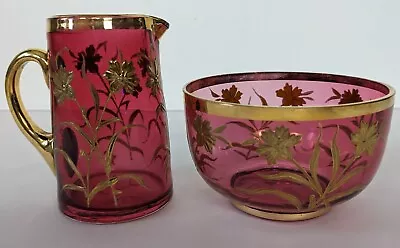 Vintage Bohemian Jug And Sugar Bowl Set Golden Cornflowers On Cranberry Glass • £34