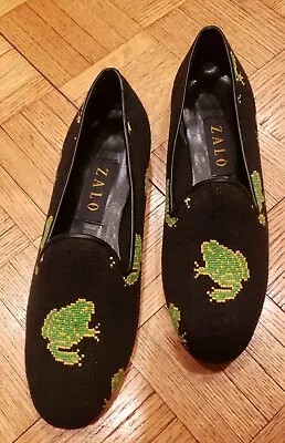 $45 • Buy Zalo Frog Embroidered Black Tapestry Leather Outer Sole Women Flat Shoes Sz 8M