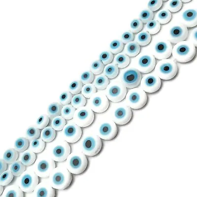$6.99 • Buy White Evil Eye Glass Coin Discs Beads Size 6mm 8mm 10mm 15.5  Strand