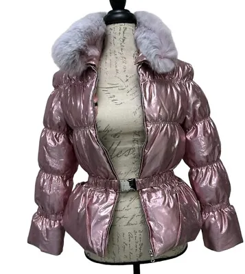 Miss Grant Girls Designer Down Jacket Fox Fur Collar 10 / 11 Pink Shimmer Puffer • $129.99