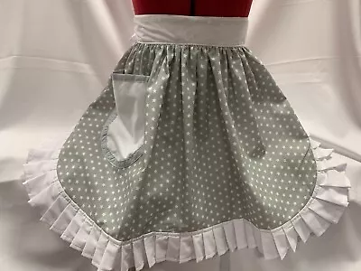 RETRO VINTAGE 50s STYLE HALF APRON / PINNY - GREY WITH WHITE STARS AND WH • £19.99