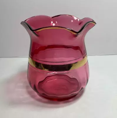 Vintage Cranberry Glass Vase Scalloped Edge Gold Trim 4” Tall • $8