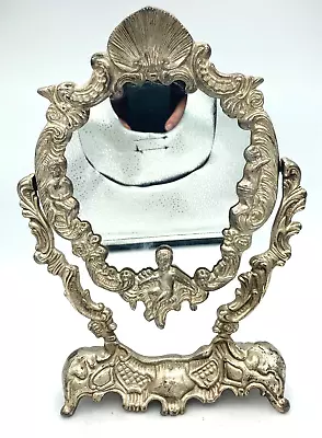 French Vanity Mirror Rococo Style Cherubs Shell Silver Plate Finish Vintage  • $45