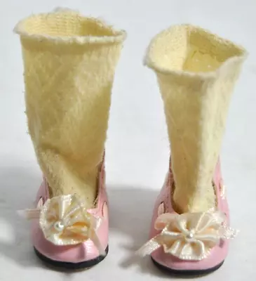 Vintage Doll Shoes & Attached Socks - Size 2  X 1  Pink With Ribbon & Bow • $20