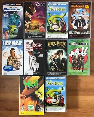 Bulk Lot Of 10 Kids Vhs Harry Potter Shrek Babe Ice Age Monsters Inc ... • $51.50