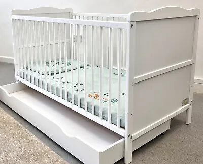 Wooden Baby Cot Bed 120x60cm Or 140x70cm & Storage Drawer & FREE Deluxe Mattress • £174.99