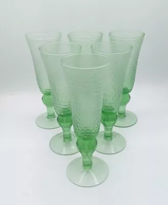 Set Of 6 Vintage Green Dimpled Honeycomb Glass Champagne Flutes - Excellent  • $45.95