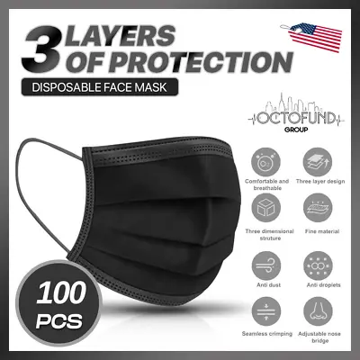 100 PCS 3 Ply Face Mask HIGH QUALITY Black Disposable Non Medical Ear Loop • $7.75