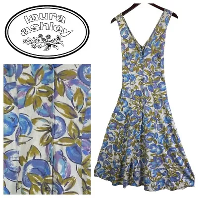 Vtg 90s Y2K Laura Ashley 8 Medium Maxi Dress Sundress Floral Blue Tan Cottage • £104.22