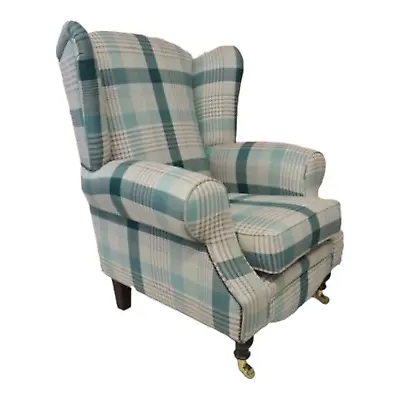 Wing Back Fireside Queen Anne  Chair Katrine Teal  Tartan Fabric Dark Wood Legs • £479