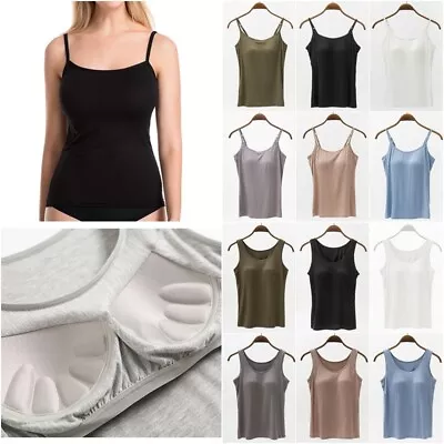 UK Womens Camisole With Built In Shelf Bra Spaghetti Strap Vest Padded Tank Tops • £9.89