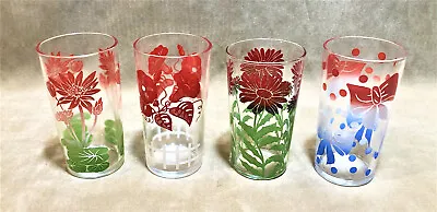 Set Of 4 Vintage Swanky Swig Florals & Bows Glass Tumblers MCM 4 ¾” Tall • $12.50