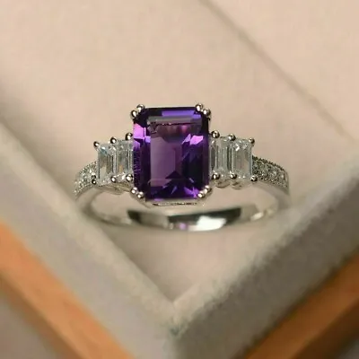$98.99 • Buy 2Ct Emerald Cut Amethyst Simulated Diamond Engagement Ring 14K White Gold Plated