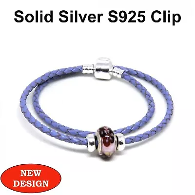 Double Leather Bracelet With S925 Silver Clip Stoppers & Murano Charm In Lilac • £14.99