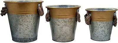 Tall Galvanized Decorative Buckets With Gold Toned Rim Set Of 3 Assorted Sizes • £34.70