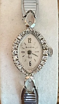 $295 • Buy BULOVA-Vintage 14k Solid White Gold & Diamond Bulova 23 Ladies Watch