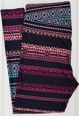 OS LuLaRoe One Size Leggings Purple Teal Aztec Tribal Southwest On Dark Navy P11 • $11.90