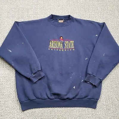 Vtg ARIZONA STATE UNIVERSITY SUN DEVILS Sweatshirt Mens XL Blue Embroidered Crew • $47.99