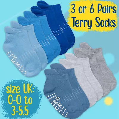 Newborn Baby Boys Terry Socks Trainer Liner Anti Skid Slip Grips 0-0 0-2.5 3-5.5 • £5.49