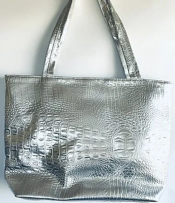 Silver Metallic Faux Leather Tote Bag Purse Travel Shopper 17 ×12  • $14.50
