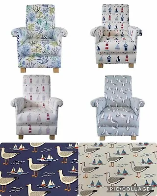 Adult Armchair Fryetts Nautical Fabric Blue Maritime Chair Coastal Boats Seaside • £209.99