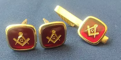 Vintage Gold Tone Masonic Red Cufflinks Tie Bar Clip Set • $16