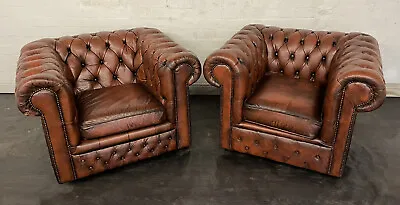 Chesterfield Club Chairs A Matching Pair In Gorgeous Antique Cedar Brown • £795