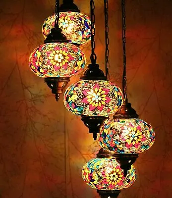 £169.95 • Buy 5 Large Globes - Turkish Moroccan Glass Mosaic Hanging Ceiling Chandelier Lamp