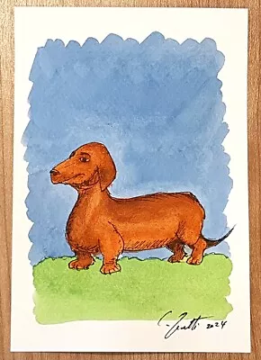 CHRIS ZANETTI Original Watercolor Painting Dachshund DOG Puppy  6 X4  Signed Art • $9.80