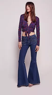 WoW~ FP Free People Sz 26 Stella High Rise Flare Bell Jeans Dark Womens Boho U26 • $44.99
