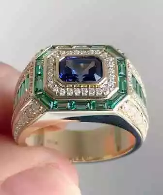 2.50Ct Emerald Cut Lab-Created Tanzanite Men Wedding Ring 14K Yellow Gold Plated • $155.79