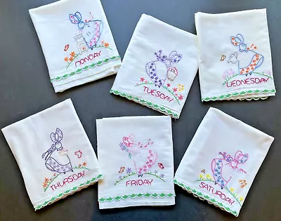 Vtg Embroidered Sun Bonnet Girls Days Of The Week Kitchen Towels Flour Sack - 6 • $29.99