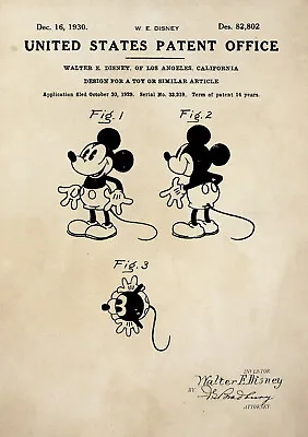 Patent Print - Mickey Mouse/Walt Disney/Toy - Vintage Poster Wall Art - A4 • £4