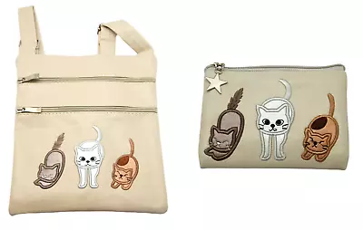 FAUX Leather Embroidered Applique Cats Small Crossbody Bag And Purse Cream • £19.99