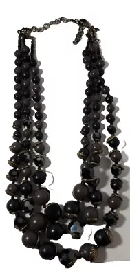 Premier Design Black Faceted And Grey 3 String Beaded Necklace Acorn Shape Vtg • $18.99