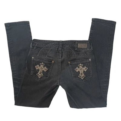 £38 • Buy Y2K Jewelled Bling Rhinestone Cross Embellished Black Slim Lowrise Jeans Size 8