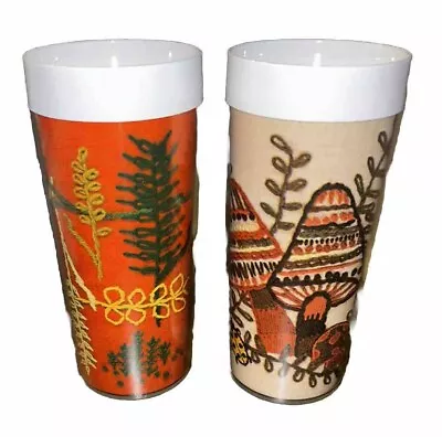 Set Of 2 1980 Thermo-serv Insulated Tumblers Patchwork Floral/Mushroom 6.25” NEW • $16