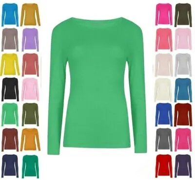 Ladies Plain Tshirt Womans Long Sleeve Scoop Neck T Shirt Top Plus Size Uk 8-26 • £4.99