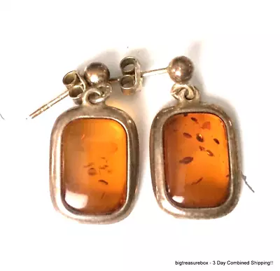 Vintage Earrings 925 STERLING SILVER Pierced Dangle Baltic Amber Jewelry Lot Y • $0.99