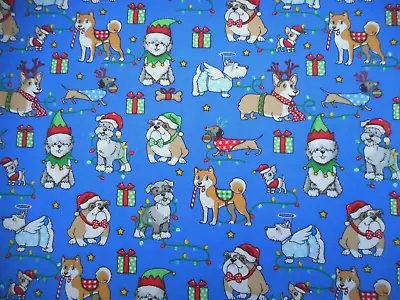 Cotton Fabric 1 2/3 Yard Fancy Christmas Dogs Bones Gifts Stars Blue  Vtg #67 #C • $16.75
