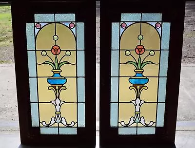 38  Tall Vintage French Stained Glass Cabinet Doors/Panels W/Flowers Art Deco • $675