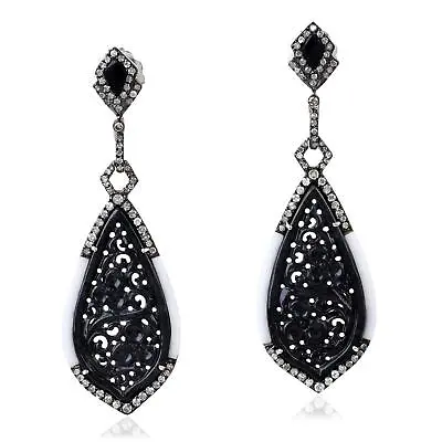 16.55ct Carved Black Jade Pear Drop Dangle Earrings With Multi Stone 925 Silver • $3445